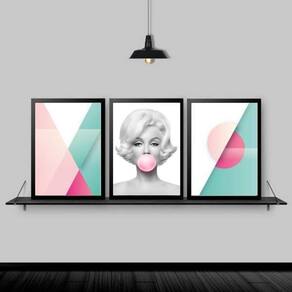 Kit 3 Quadros Abstratos Marilyn Chiclete 24X18 Moldura Preta