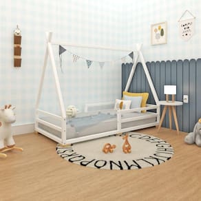 Cama Infantil Montessoriana Cabana com Proteção em Barra e Pés Branco