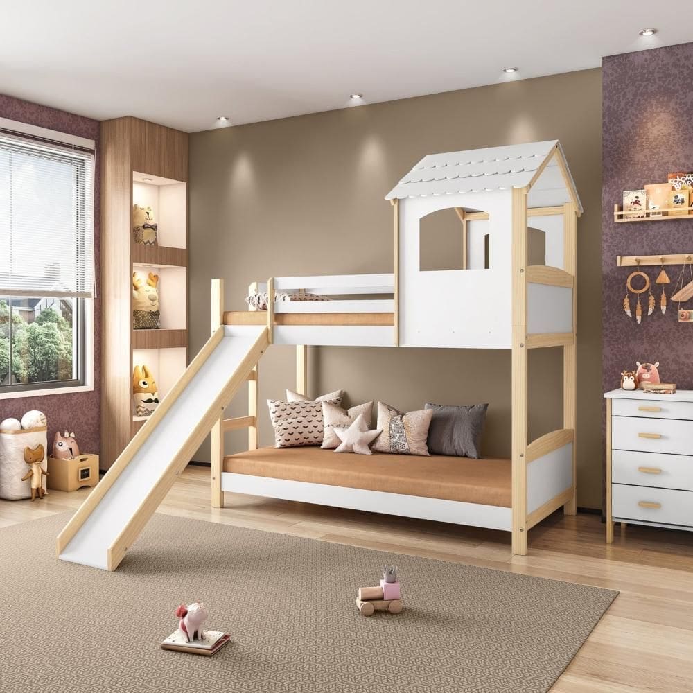 Beliche Infantil Casinha Com Escorregador Branco/Natural