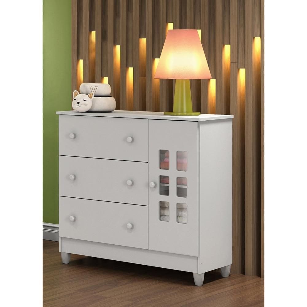 Cômoda Fraldário 3 Gavetas 1 Porta Maria Branco Brilho