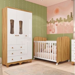 Quarto de Bebê com Guarda Roupas 3 Portas 3 Gavetas e Berço Espresso Móveis Branco Brilho/Amêndoa