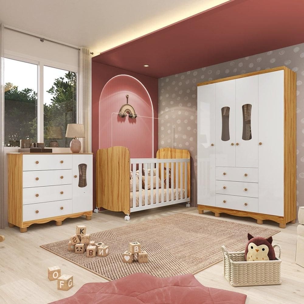 Quarto de Bebê Completo Guarda Roupas Cômoda 3 Portas Janeladas e Berço com Rodizio 100% MDF Lana Espresso Móveis Branco Brilho/Amêndoa