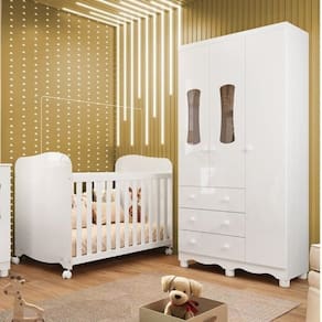Quarto de Bebê com Guarda Roupas 3 Portas 3 Gavetas e Berço Espresso Móveis Branco Brilho