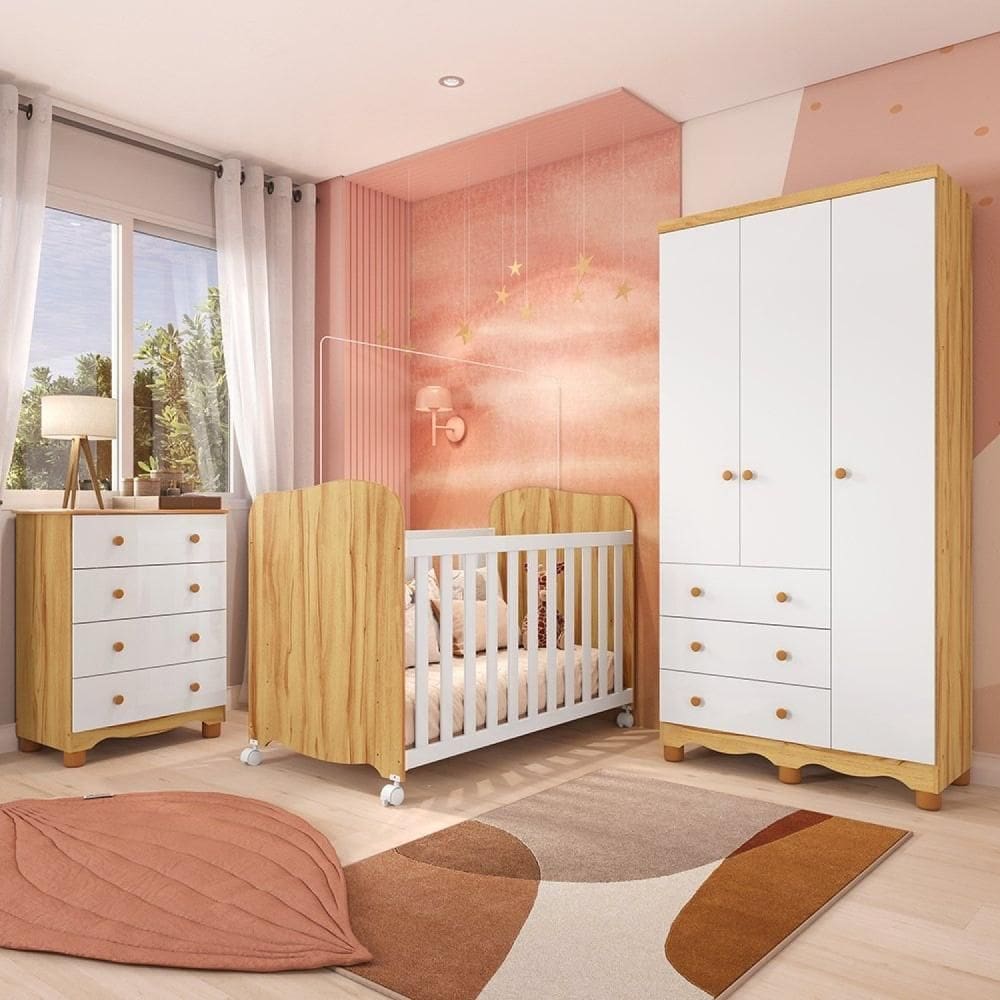 Quarto de Bebê com Guarda Roupas 3 Portas Cômoda e Berço com Rodizio Mimo 100% MDF Espresso Móveis Branco Brilho/Amêndoa
