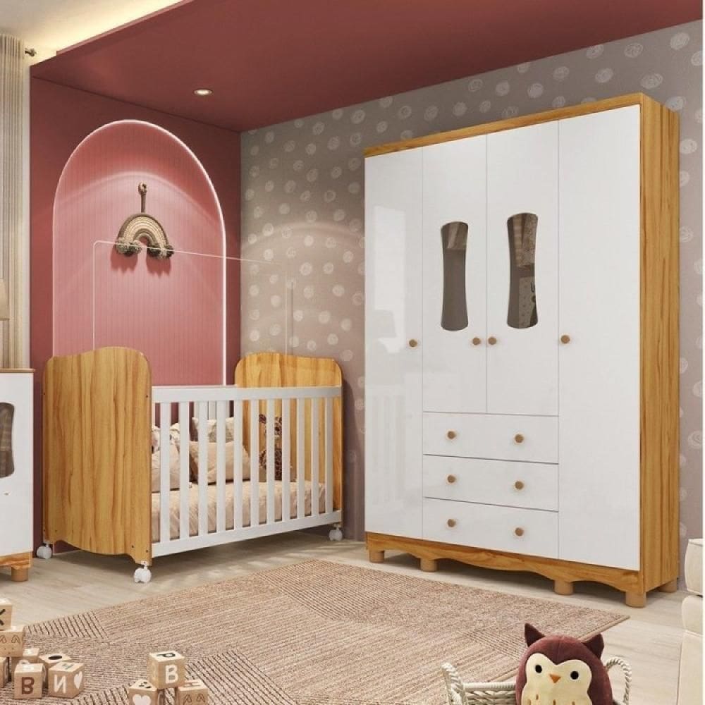 Quarto de Bebê Guarda Roupas 4 Portas 3 Gavetas e Berço Espresso Móveis Branco Brilho/Amêndoa