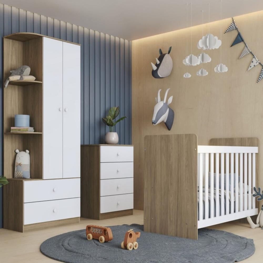 Quarto de Bebê com Guarda-Roupa 2 Portas Cômoda e Berço Labirinto Rústico/Branco