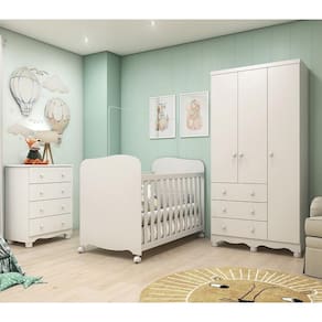Quarto de Bebê com Guarda Roupas 3 Portas Cômoda e Berço com Rodizio Mimo 100% MDF Espresso Móveis Branco Brilho
