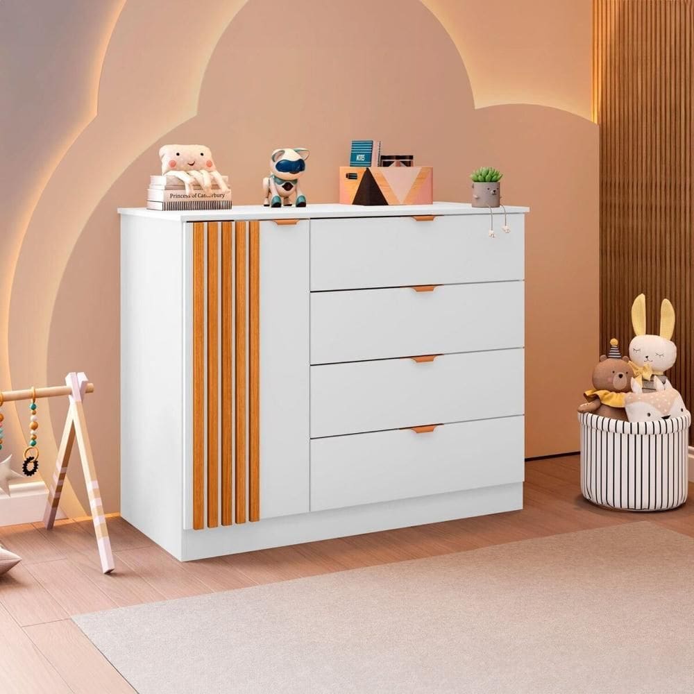 Cômoda Infantil Ayla 1 Porta 4 Gavetas 100% MDF Branco