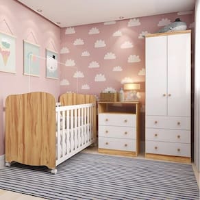 Quarto de Bebê Completo com Berço Americano Guarda Roupa Cômoda 100% MDF Teka Espresso Móveis Branco Brilho/Amêndoa