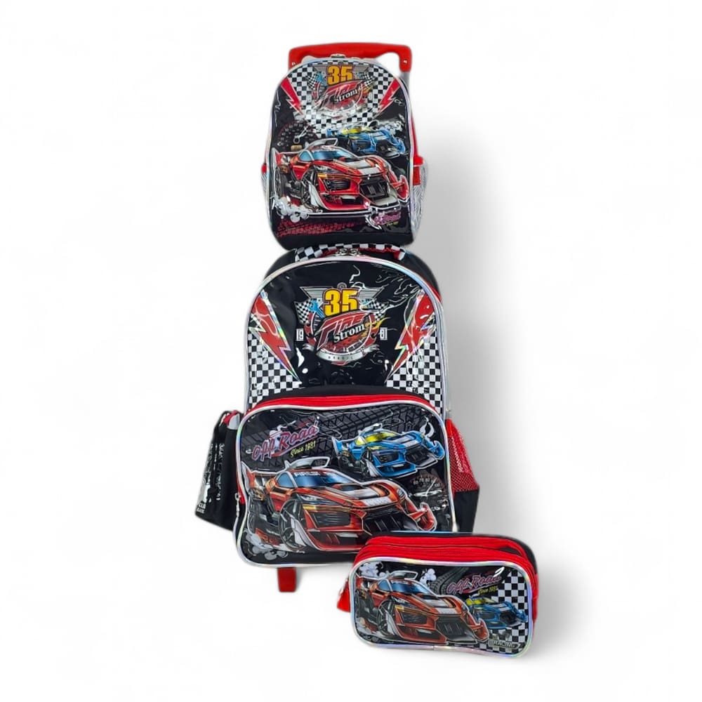 Kit mochila rodinha escolar lancheira estojo Fire Storm car