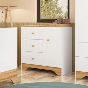 Cômoda Infantil 1 Porta e 3 Gavetas 100% Mdf Cocada Branco Brilho/Amêndoa