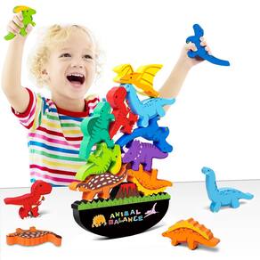 Brinquedos de dinossauro empilháveis de madeira FFTROC Montessori para crianças 2-4