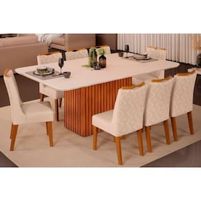 Conjunto: Mesa Sala Jantar Canes Tampo Madeirado c/ Vidro Curvo 200x100cm e 8 Cadeiras Stela Freijo/Off White - Ipe/Linho Neve - DJ Móveis