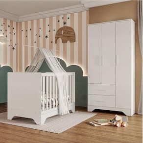 Quarto de Bebê com Guarda-roupa e Berço Minicama 100% Mdf Liam Espresso Móveis Branco Brilho