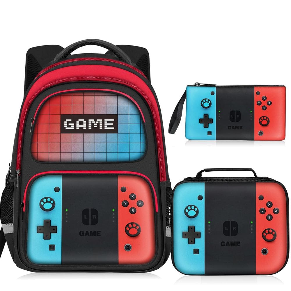 Mochila JIRAIKEI Kids Gamer Boys 17 com lancheira e estojo para lápis