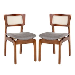 Kit 2 Cadeiras de Jantar Portugal Madeira Imbuia com Encosto Tela Rattan Linho Cinza L55
