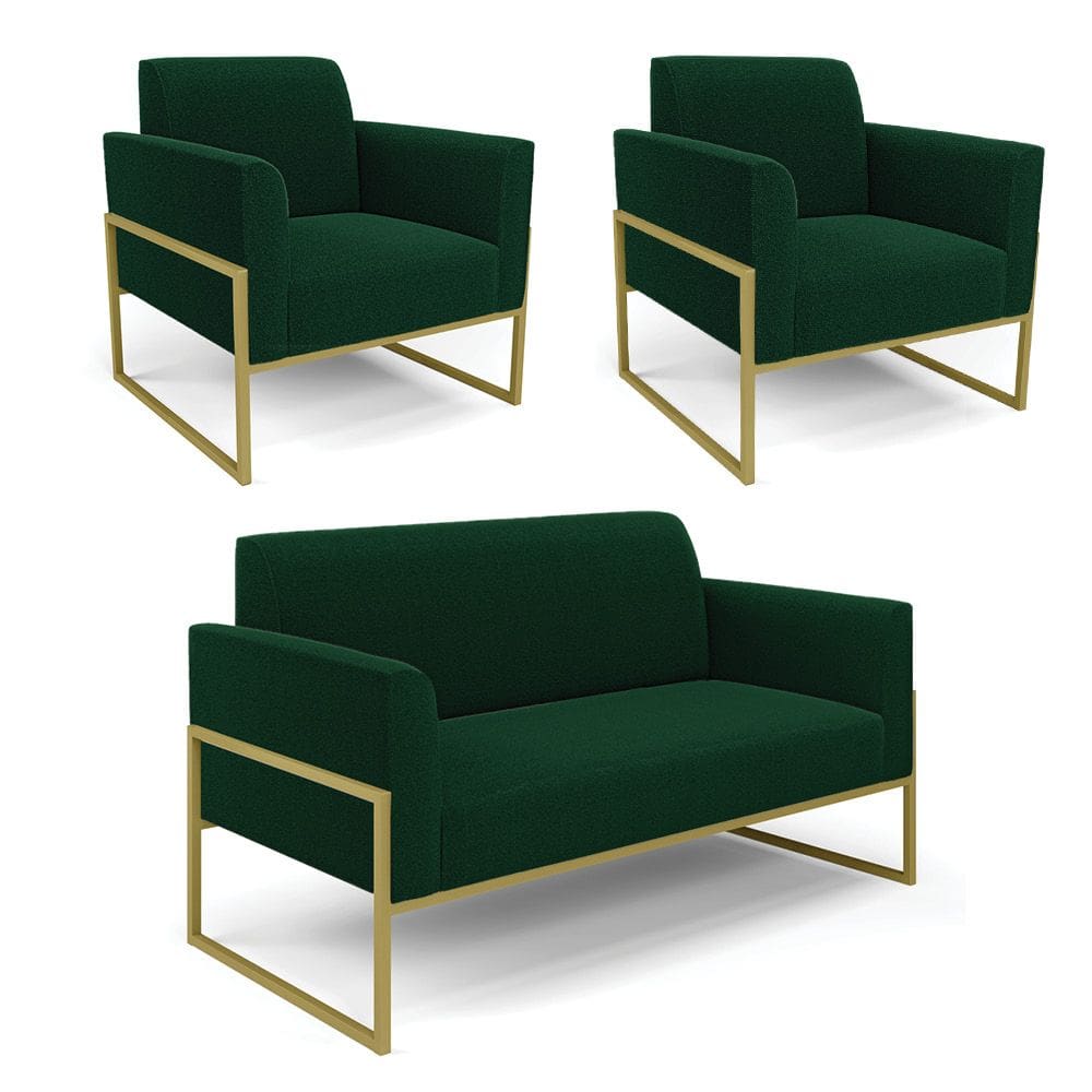 Namoradeira e 2 Poltronas Industrial Alta Dourado Marisa Bouclê Verde D03 - D`Rossi