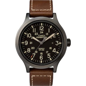 Relógio Timex Expedition Scout para homens, 43 mm, mostrador preto, pulseira de couro marrom