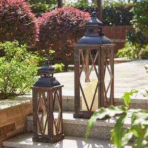 Lanternas de vela decorativas Glitzhome Vintage Wood/Metal, pacote com 2