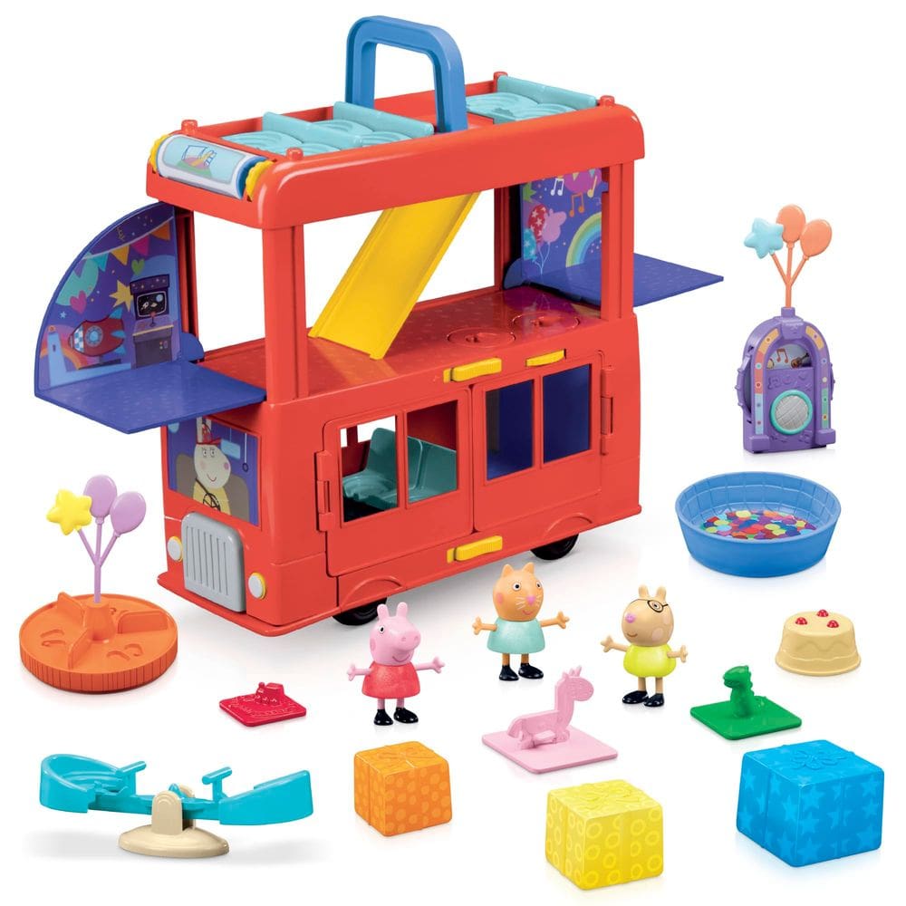 Ônibus de festa Playset Peppa Pig 2 em 1 com acessório de 3 bonecos e 13