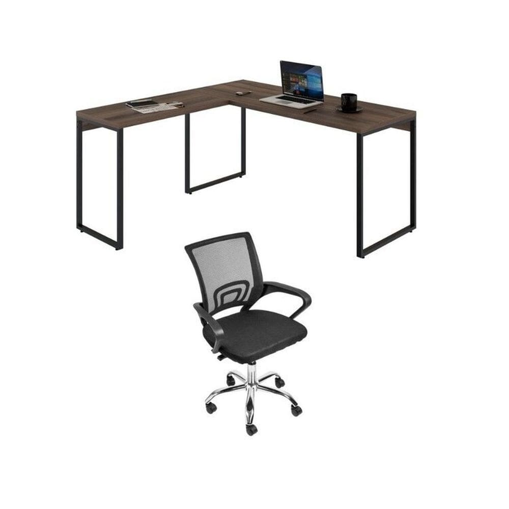 Conjunto Escritório 1 Mesa em L Industrial 150cm Kuadra 1 Cadeira de Escritório Diretor Tok Nogal
