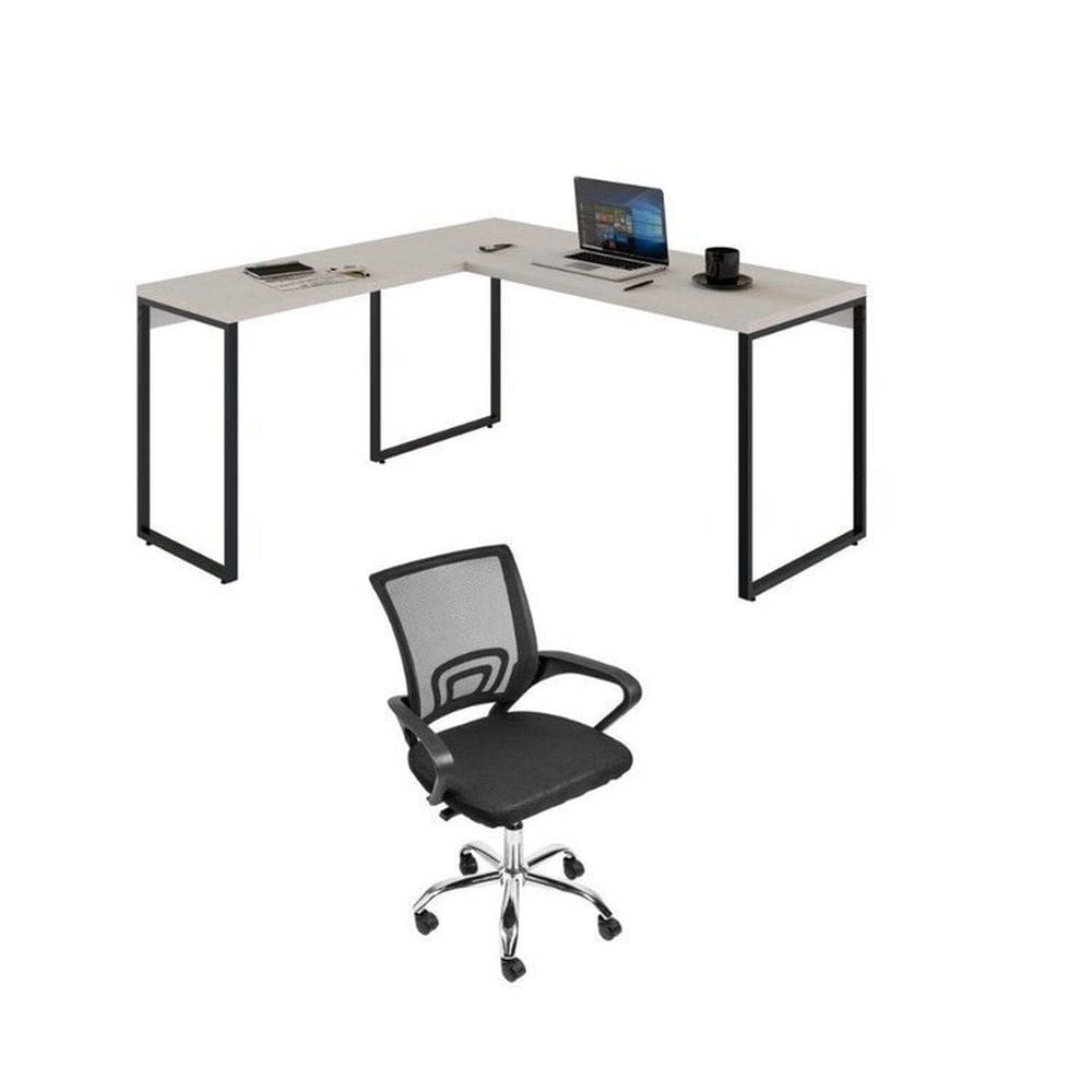 Conjunto Escritório 1 Mesa em L Industrial 150cm Kuadra 1 Cadeira de Escritório Diretor Tok Branco