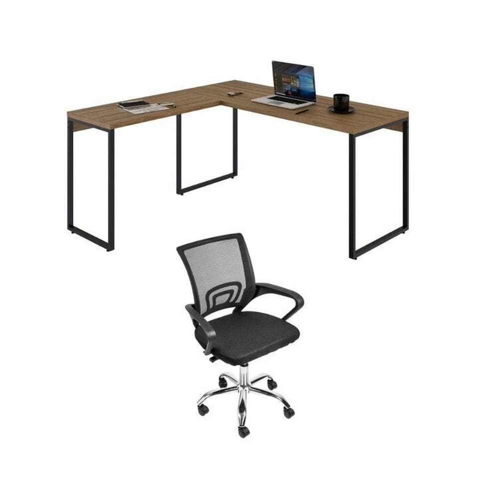 Conjunto Escritório 1 Mesa em L Industrial 150cm Kuadra 1 Cadeira de Escritório Diretor Tok Marrom