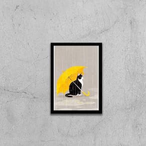 Quadro Decorativo Gato Com Sombrinha Amarela 34x23cm