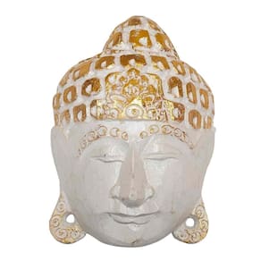 Máscara Cabeça De Buda Madeira Balsa Branca/Dourado 20Cm