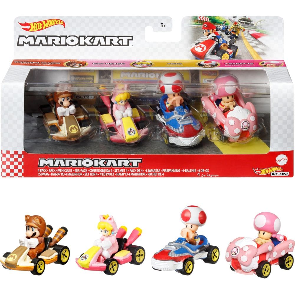 Pacote com 4 brinquedos Hot Wheels Mario Kart com Tanooki Mario, Cat Peach