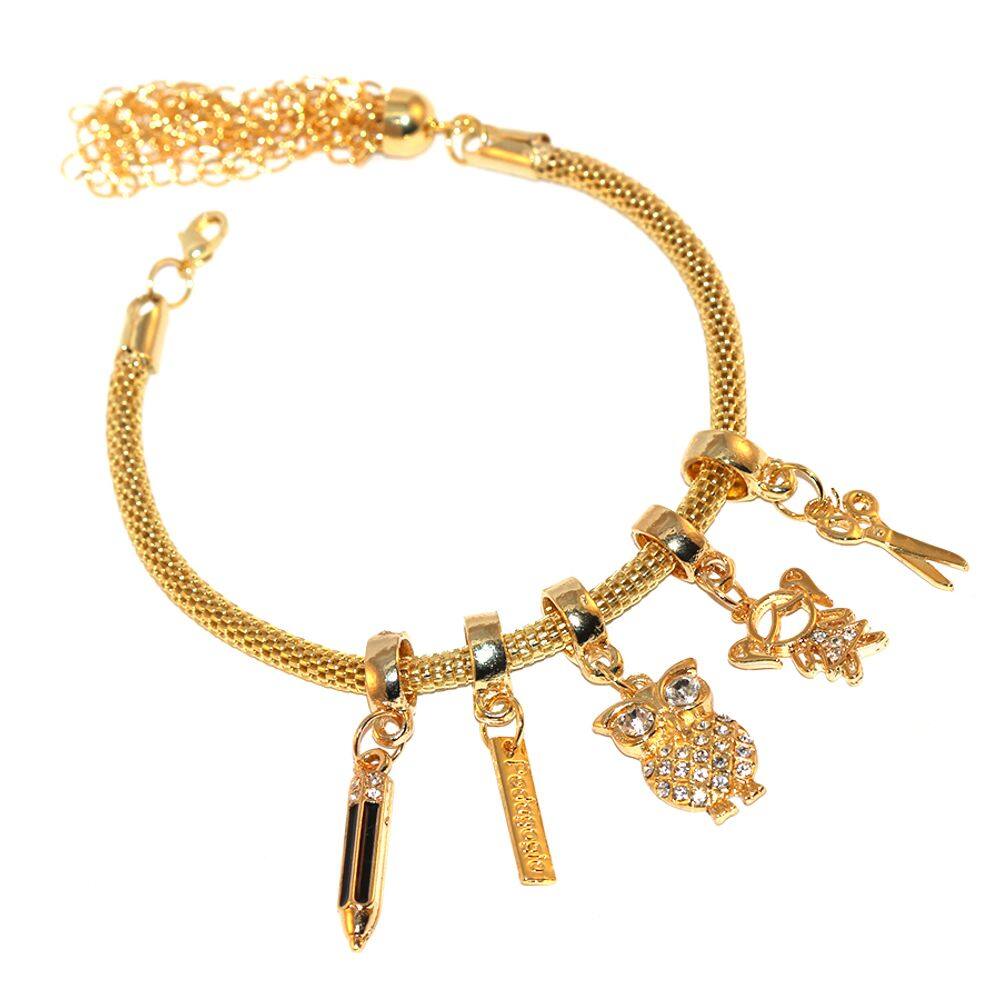 Pulseira Berloques Pedagogia Lápis Tesoura Folheado Ouro 18k