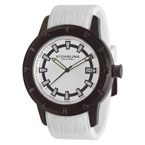Relógio Torino 621 49mm com mostrador branco e pulseira de silicone branca. Design clássico em PVD preto, Stuhrling.