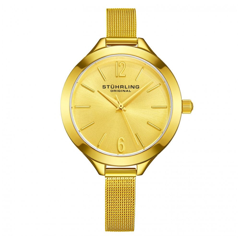 Relgio feminino dourado com moldura e mostrador em tom dourado, ponteiros e marcadores em harmonia. Marca Stuhrling.