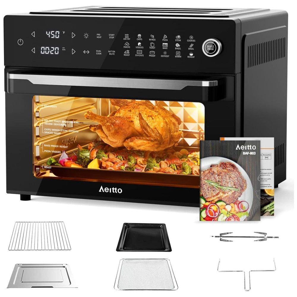 Forno Elétrico de Bancada 19 em 1, 30L com Função Air Fryer, Espeto Giratório, Livro de Receitas, 110V 1800W, Aeitto BAF-803, Preto