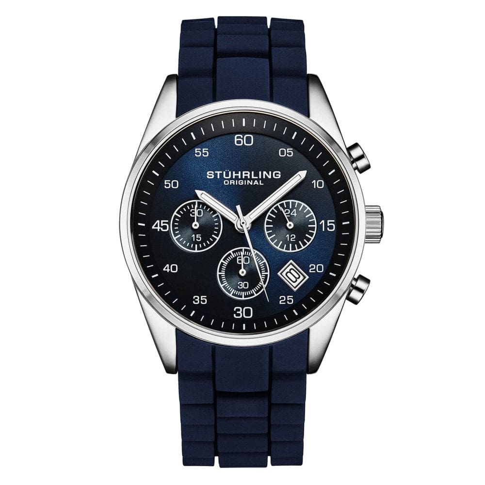 Relógio Chronograph 42mm, Mostrador Azul e Prata, Pulseira de Silicone Azul, Stuhrling.