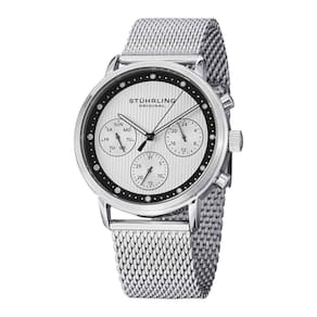 Relógio Stuhrling Obscure Pro 514M 42mm com mostrador preto e pulseira de aço inoxidável prateada.