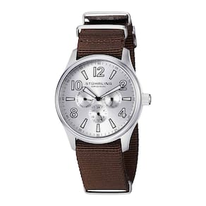 Relógio Nighthawk Sport 406 com Mostrador Prateado de 43mm e Fivela de Alça de Lona Marrom - Stuhrling.