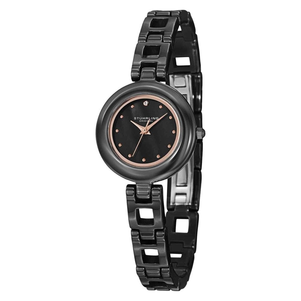 Relógio Fusão 921 de 25mm com Mostrador Preto e Pulseira de Cerâmica Preta com Fivela de Implantação da Stuhrling.