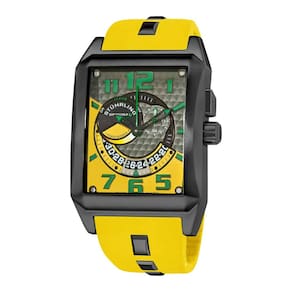 Relógio Madman 255D 42mm: Mostrador amarelo, PVD preto e pulseira de silicone amarela com fivela preta.