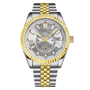 Relógio automático Datemaster Swiss 1020 com 42mm, design clássico, mostrador prateado, pulseira prateada e dourada, e moldura dourada.