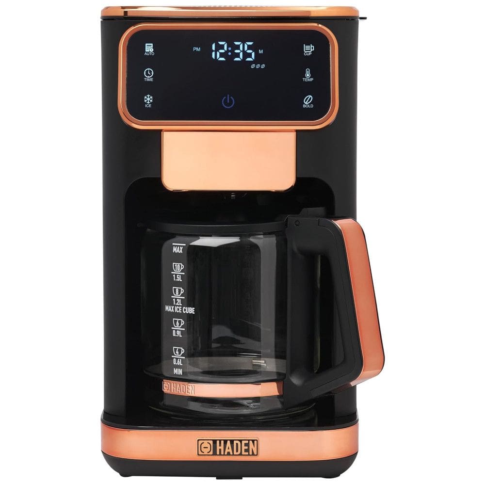 Cafeteira 12 Xícaras para Café Quente ou Gelado com Relógio Programável, 110V 1100W, Haden Dual Brew, Preto e Cobre