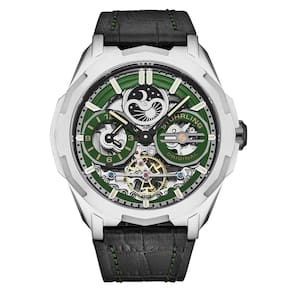 Navegador Automático Dual Time 46mm, Mostrador Verde, Pulseira Preta e Moldura Prateada - Stuhrling.