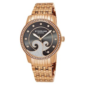 Relógio feminino Stuhrling Coroa 569, 37mm, mostrador cinza e detalhes rosa, pulseira em aço inox com fivela de implantação.