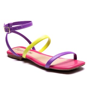 Sandalia Rasteira Feminina Tiras Coloridas Ajuste Fivela de Metal Pamilha EVA Confortavel Verao