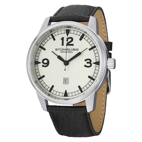 Relógio de pulso masculino Condor 1129Q 48mm Aviador em prata com pulseira de couro preta e fivela tang, da marca Stuhrling.