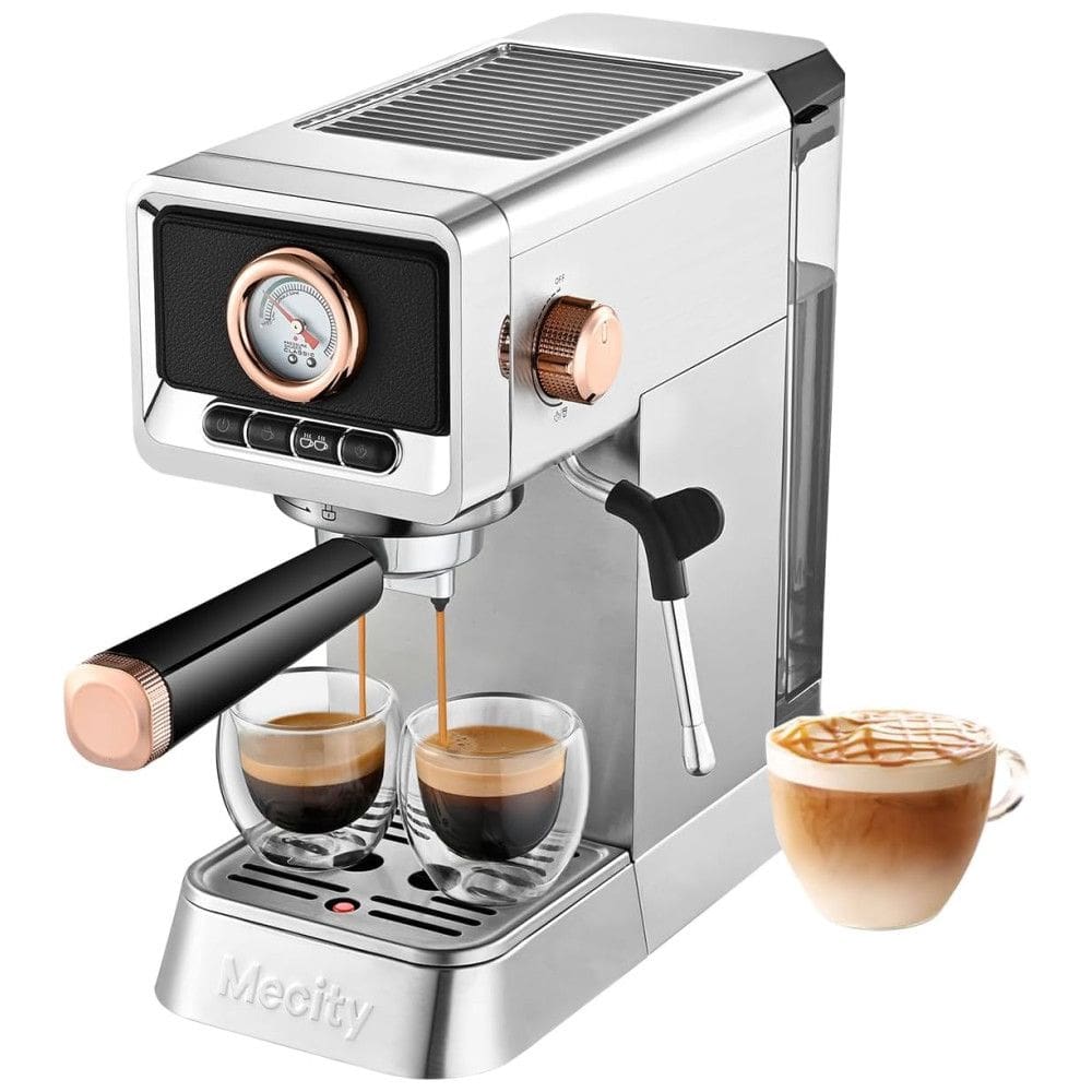 Máquina de Café Expresso 20 Bar com Bocal de Leite e Tanque de Água de 1L, 110V 1400W, Mecity, Prata