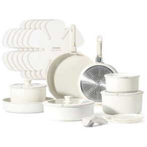 Jogo de Panelas e Frigideiras Antiaderentes, Material em Granito com 21 Peças, Utensílios de Cozinha e Cabo Removível, CAROTE A07994, Branco Creme