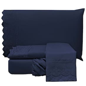 Jogo Cama Lençol Loren King Bordado Inglês Micro Percal 300 Fios 4 Peças - Azul Jeans