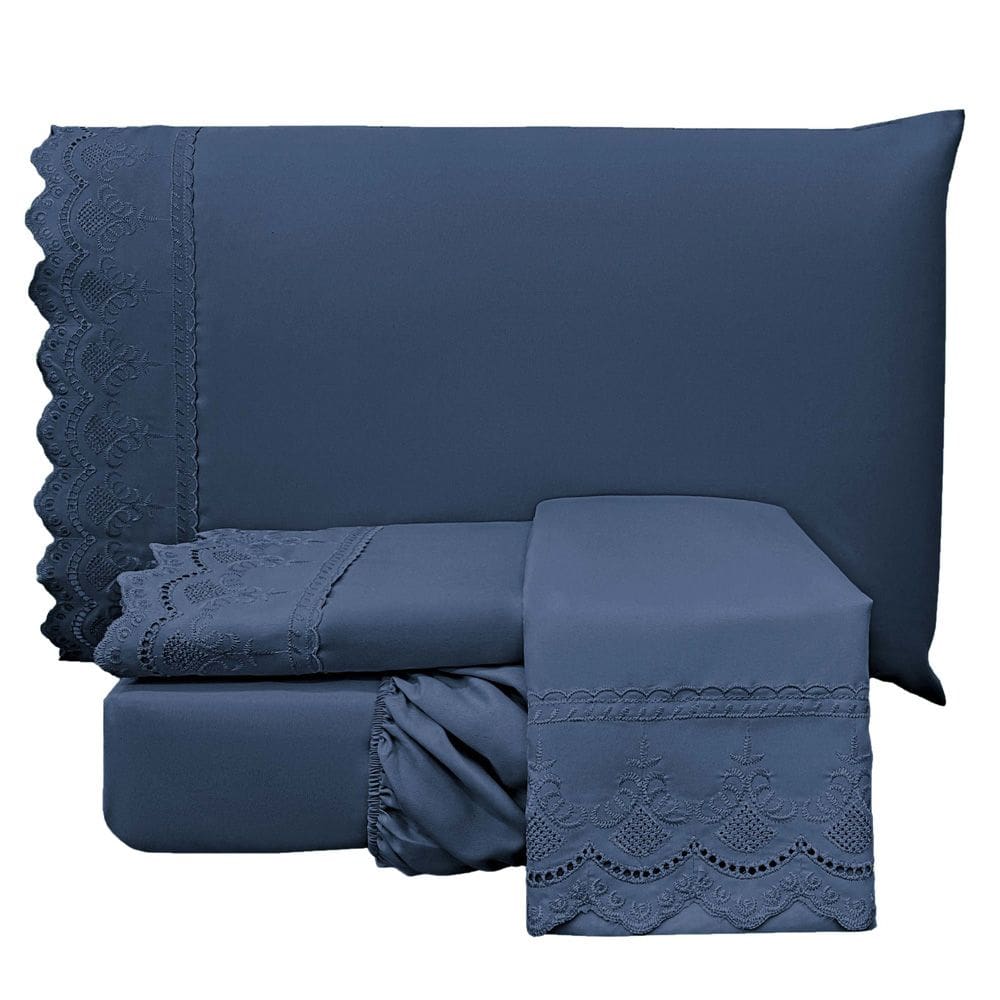 Jogo Cama Lençol Loren Casal Padrão Bordado Inglês Micro Percal 300 Fios 4 Peças - Azul Jeans