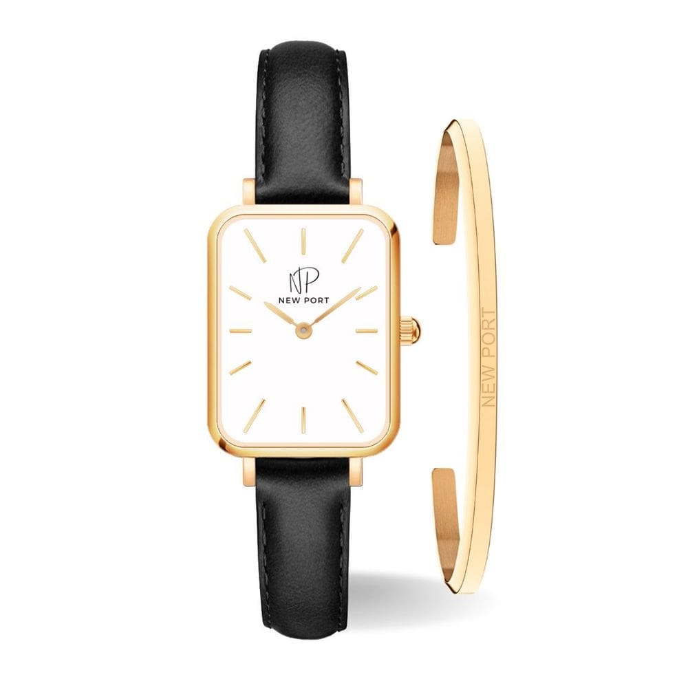 Relógio Feminino Quadrado Dourado New Port + Bracelete